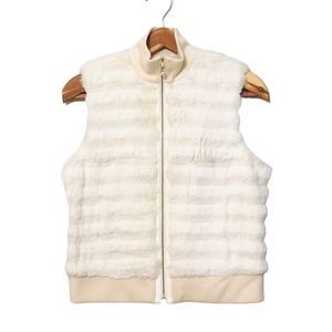 St John Sport Marie Gray Rabbit Fur Vest Silk Lining Lamb Leather Trim Ivory S